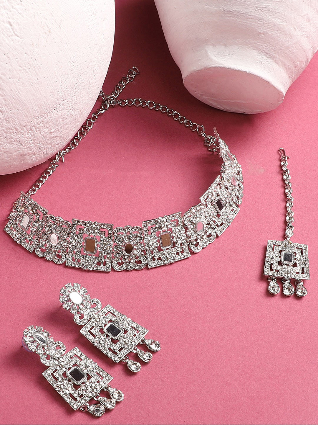 Bhana Fashion Women Silver-Plated Mirror Work White AD Studded Jewelry Set