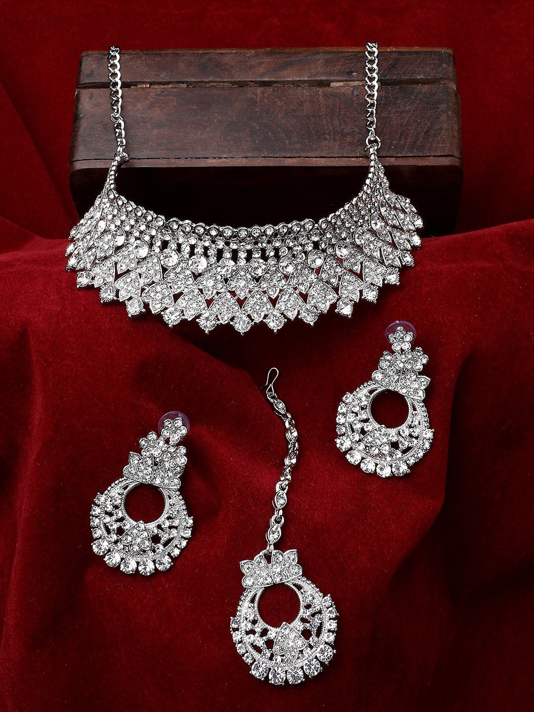 Bhana Fashion Silver-Plated White Studded Jewellery Set