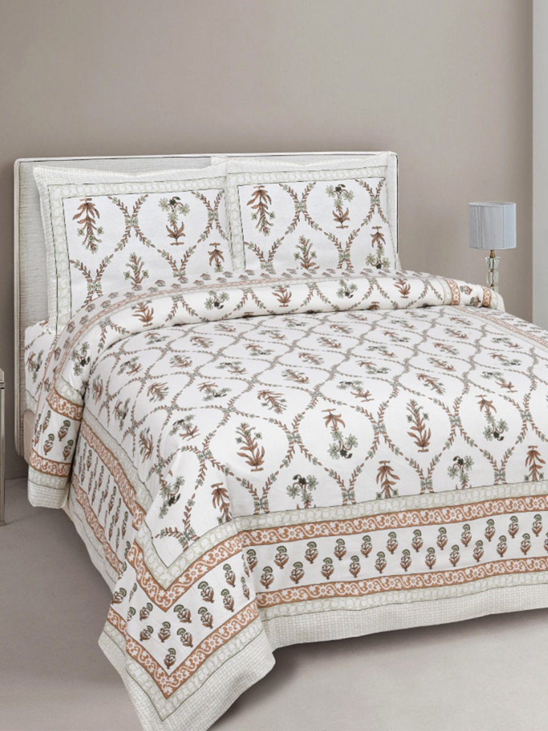INDHOME LIFE Cream-Coloured Floral 220 TC Cotton King Bedsheet with 2 Pillow Covers