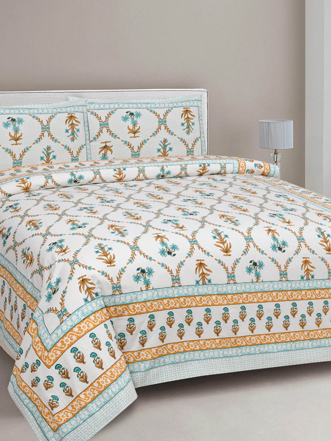 INDHOME LIFE Jaipuri Off White Floral Pure Cotton 220 TC King Fine Bedsheet with 2 Pillow Covers-95 x 85 inches