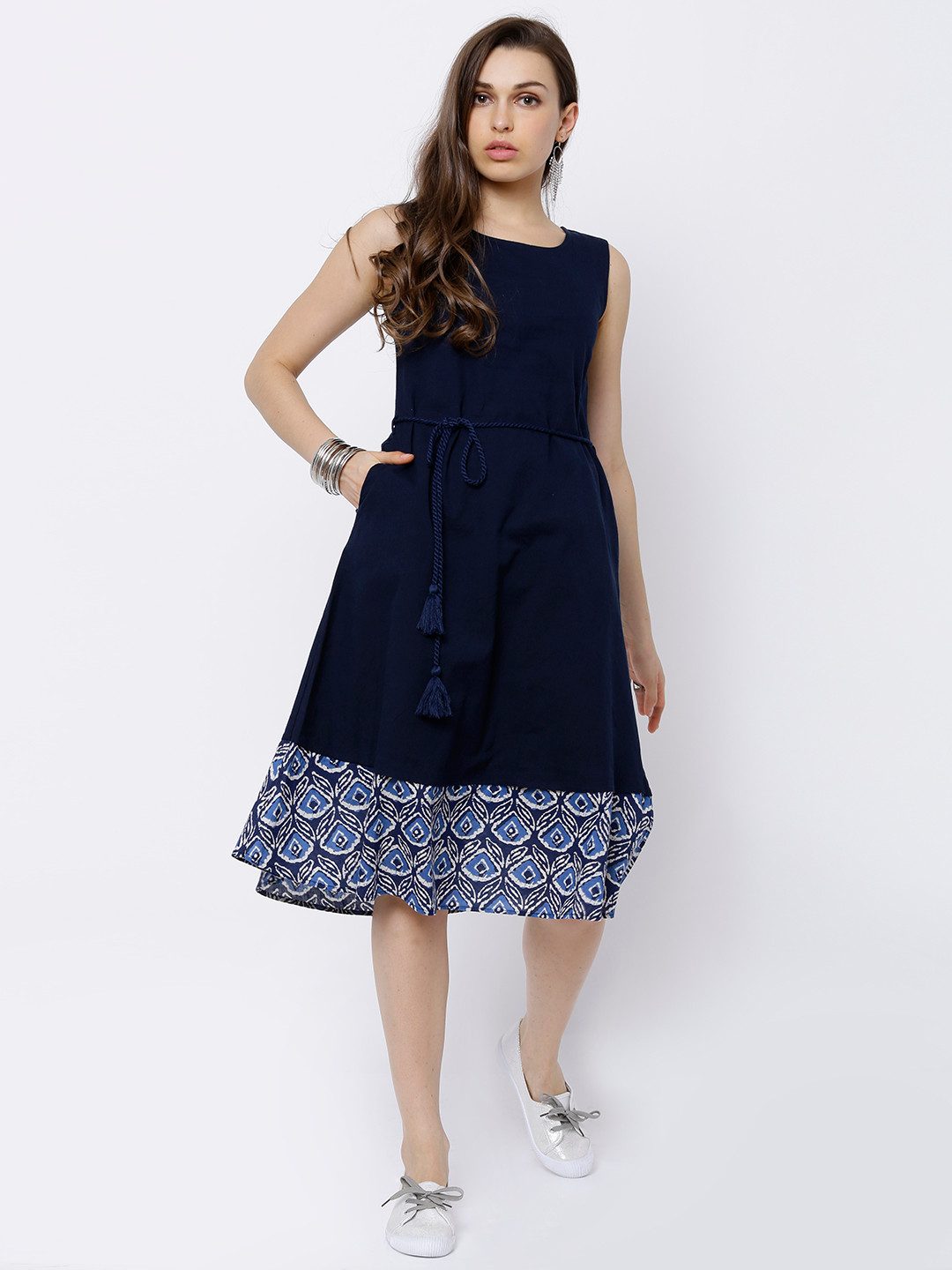 Vishudh Women Navy Blue A-Line Dress with Printed Detail