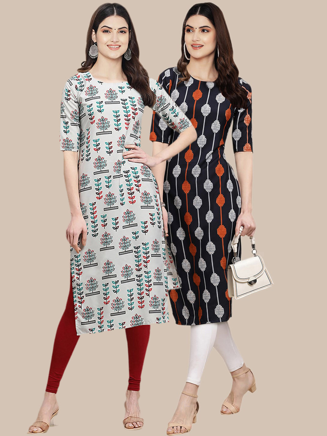 7Threads Women's Crepe Beige & Black Color Printed Handloom Straight Kurta (PACK OF 2)