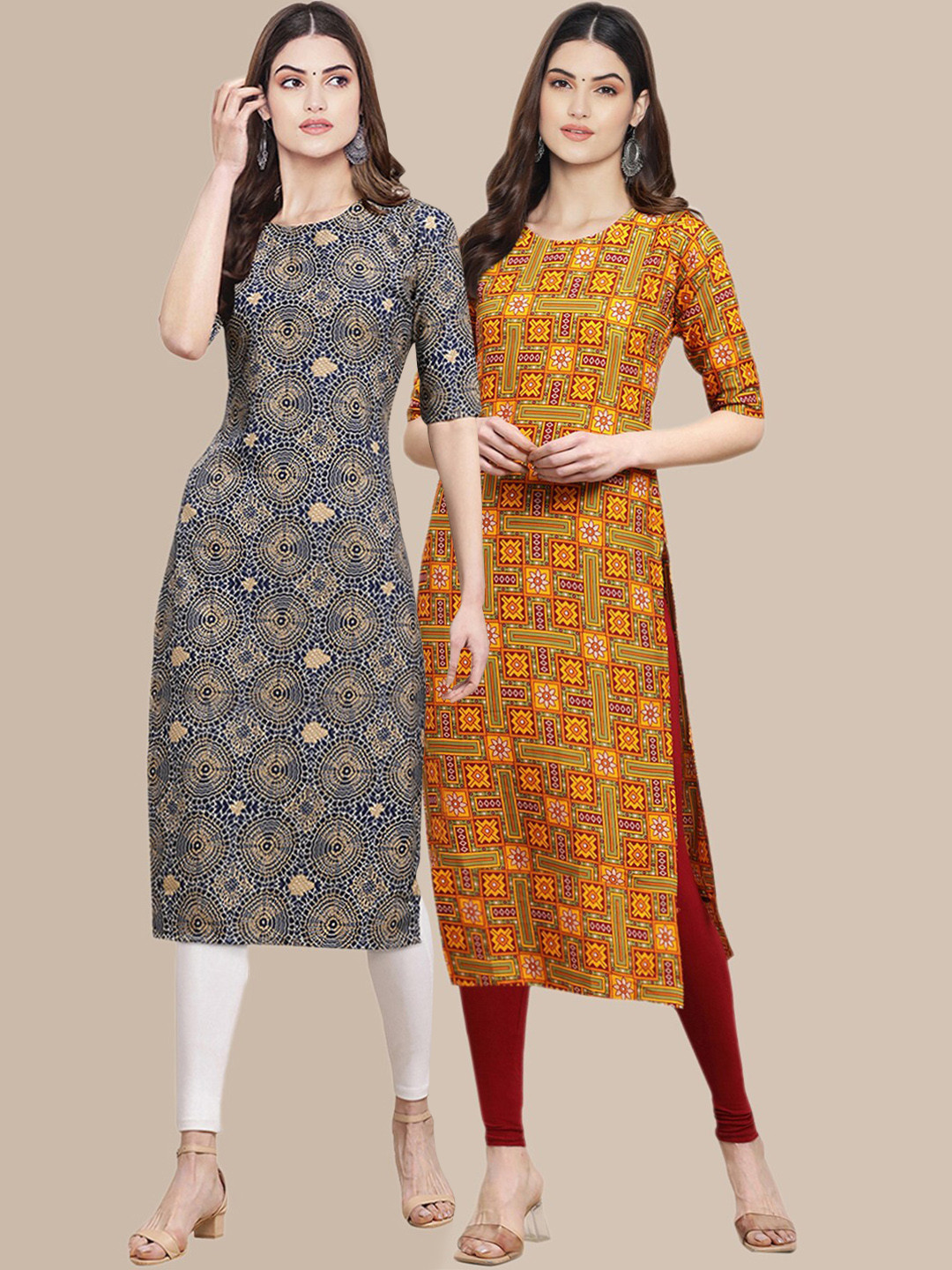 7Threads Women Pack Of 2 Blue & Mustard Yellow Printed Block Print Crepe Kurtas