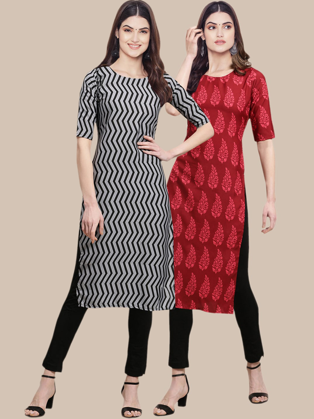 7Threads Women's Crepe Red & Grey Color Printed Handloom Straight Kurta (PACK OF 2)