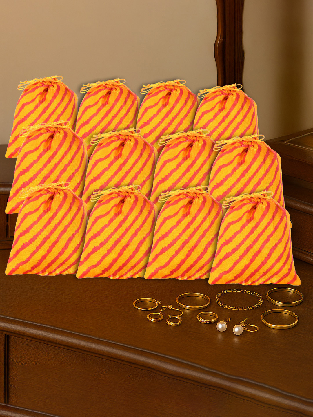 Kuber Industries Set of 12 Yellow Lehriya Print Potli Bag for women With Drawstring