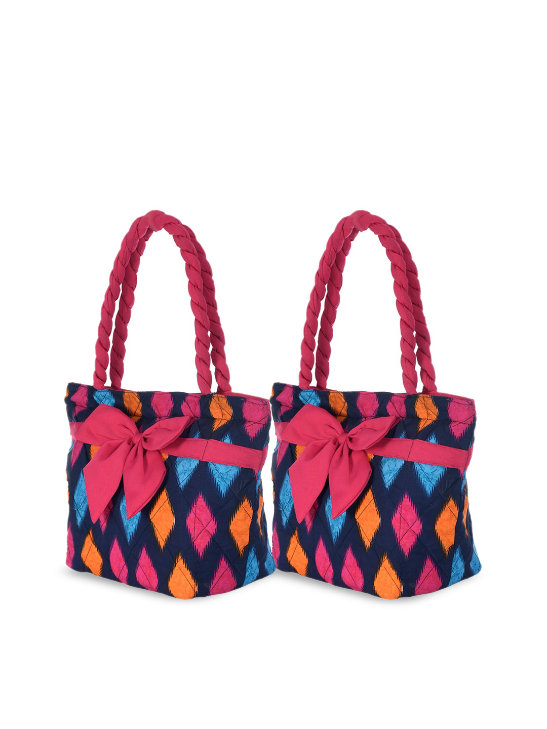 Kuber Industries Set of 2 Blue Geometric Printed Shopper Shoulder Bags with Bow Detail