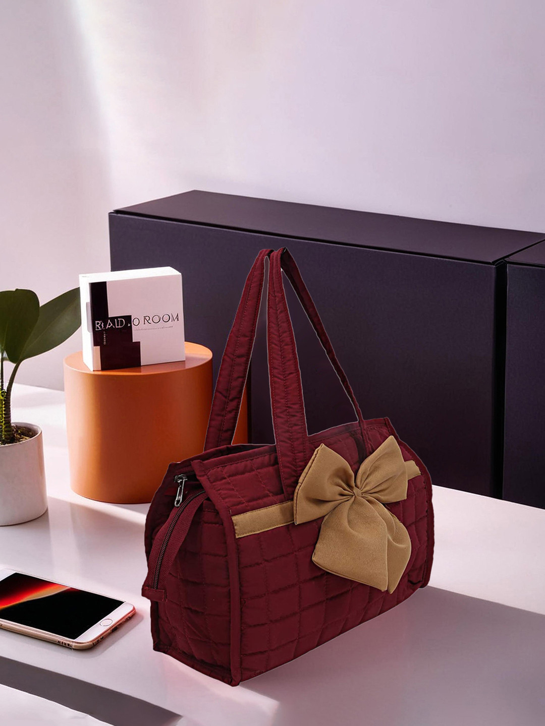 Kuber Industries Maroon Geometric Shopper Quilted Hand Bag