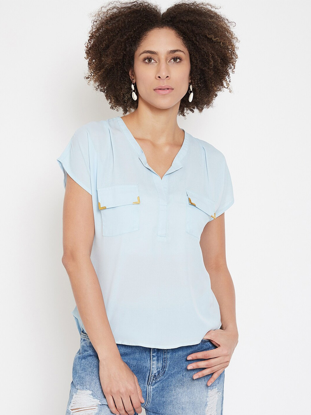 La Zoire Blue Extended Sleeves Georgette With Front Pockets Top