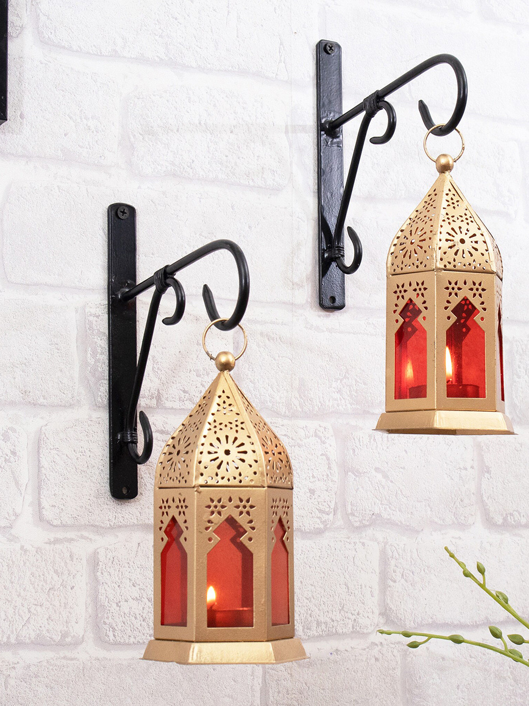 Homesake Pack Of 2 Red & Gold-Toned Hanging Metal Candle Holders