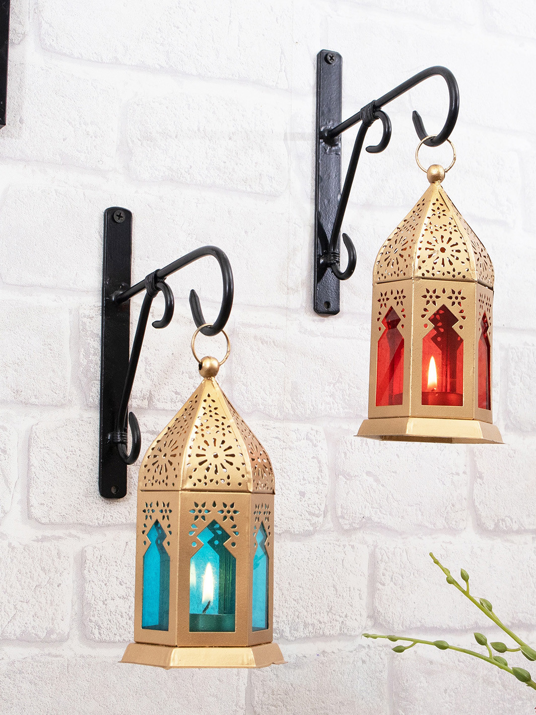 Homesake Set Of 2 Decorative Metal Antique Golden Finish Moroccan Lantern with Wall Hook