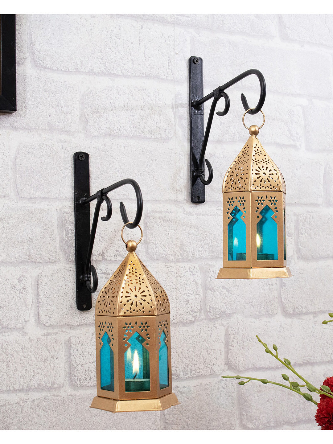 Homesake Set of 2 Blue & Gold-Toned Moroccan Lantern Candle Holder With Wall Hook