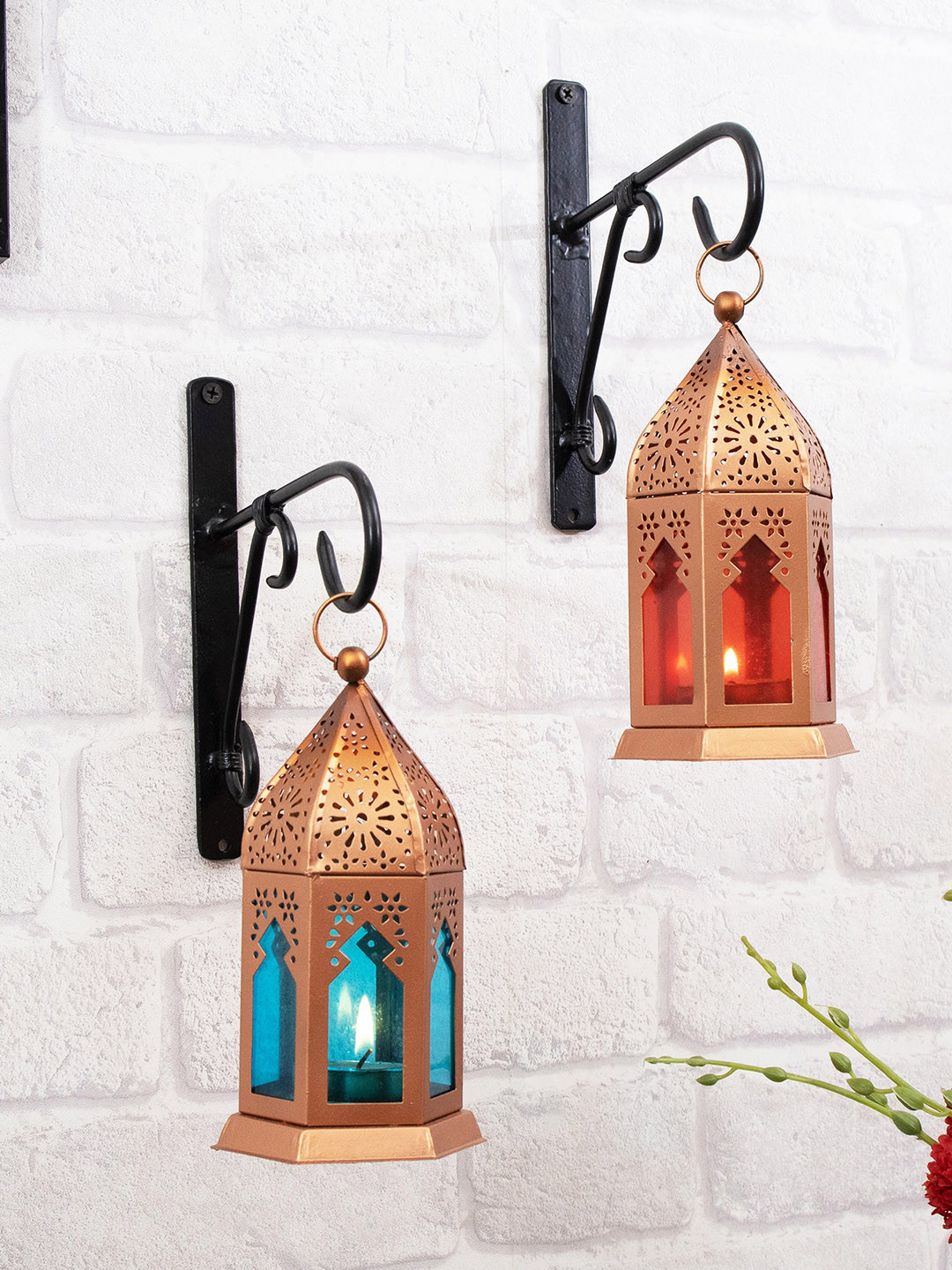 Homesake Set Of 2 Red & Gold-Toned Hanging Lantern Candle Holder With Wall Hook