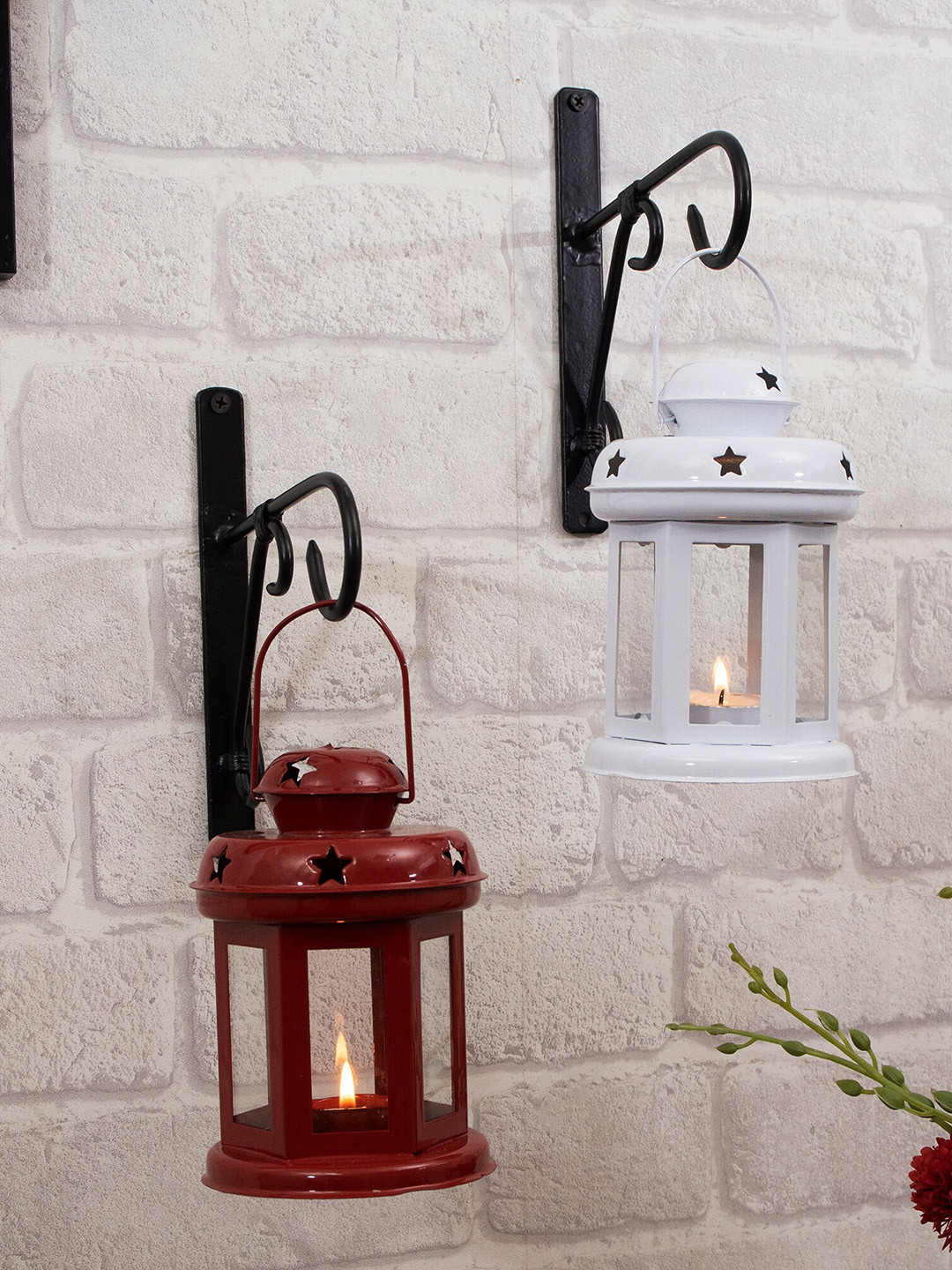 Homesake Set of 2 Red & White Solid Decorative Lantern Shaped Candle Holders
