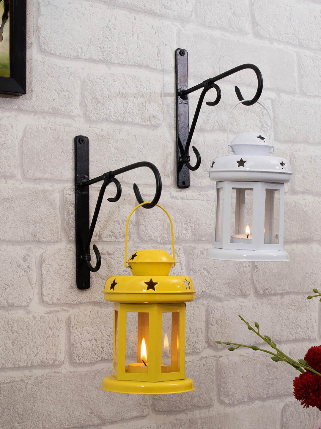 Homesake Set Of 2 White & Yellow Lantern Metal Candle Holder