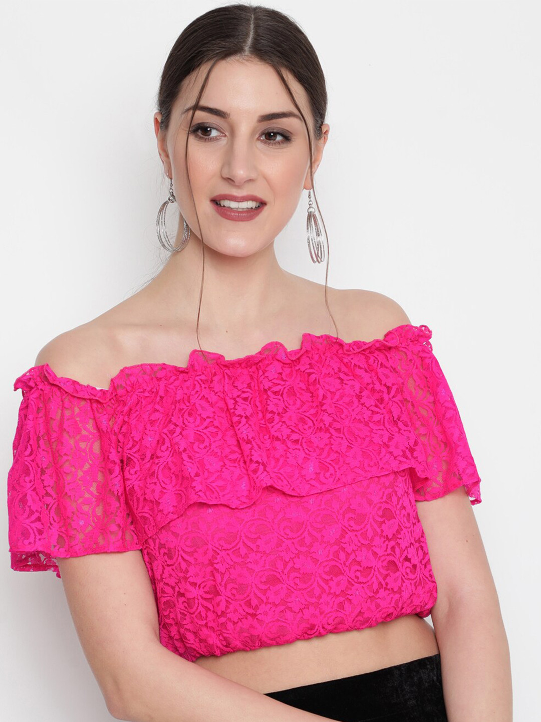 AKIMIA Fuchsia Off-Shoulder Lace Crop Top