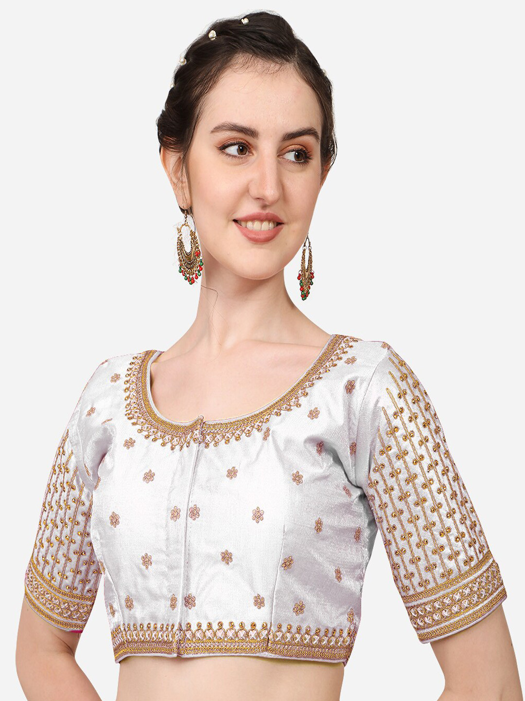 PUJIA MILLS White Embroidered Silk Round Neck Saree Blouse