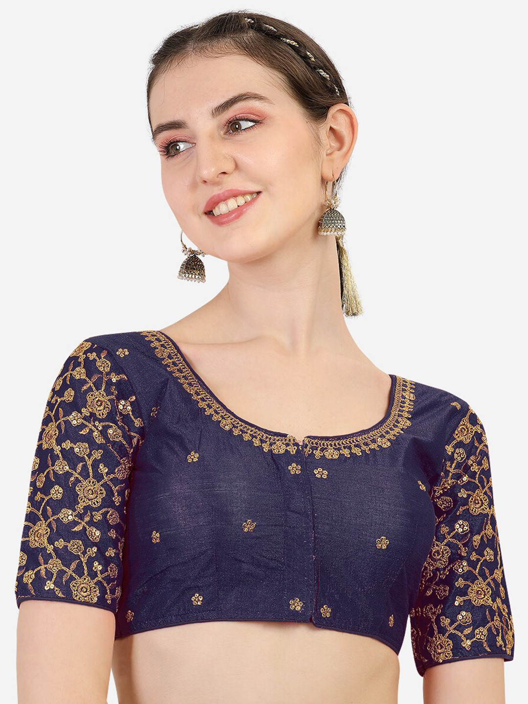 PUJIA MILLS Navy Blue Embellished Silk Saree Blouse