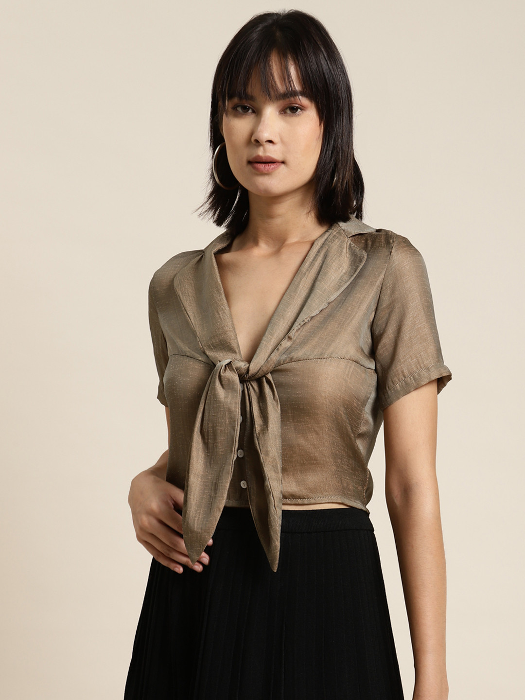 Qurvii Grey Tie-Up Neck Shirt Style Top