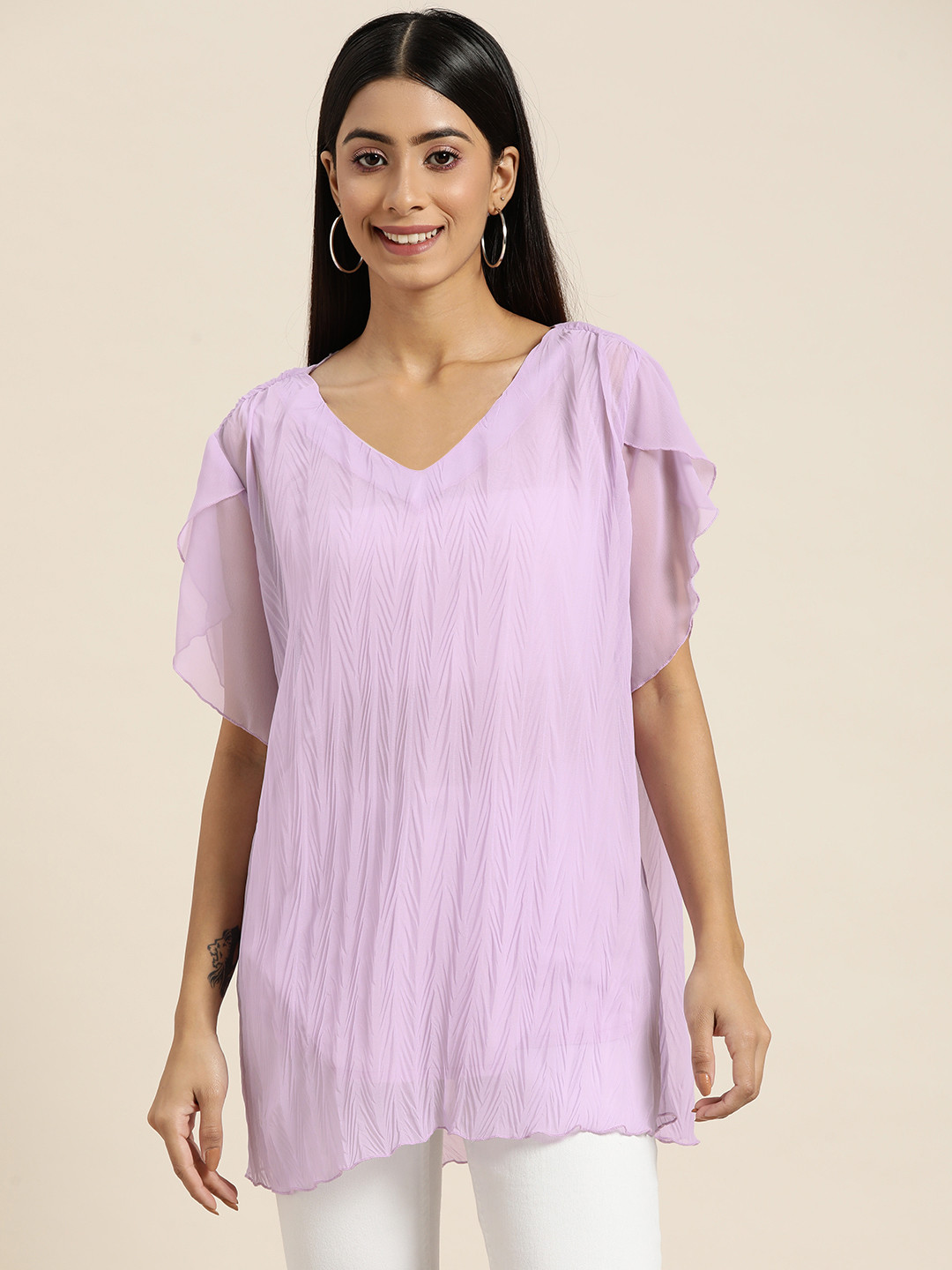 Qurvii Pleated V-Neck  Half Petal Sleeves Georgette Longline Top