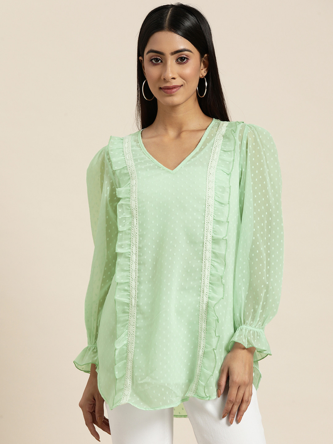 Qurvii Self Design Ruffles Georgette Longline Top