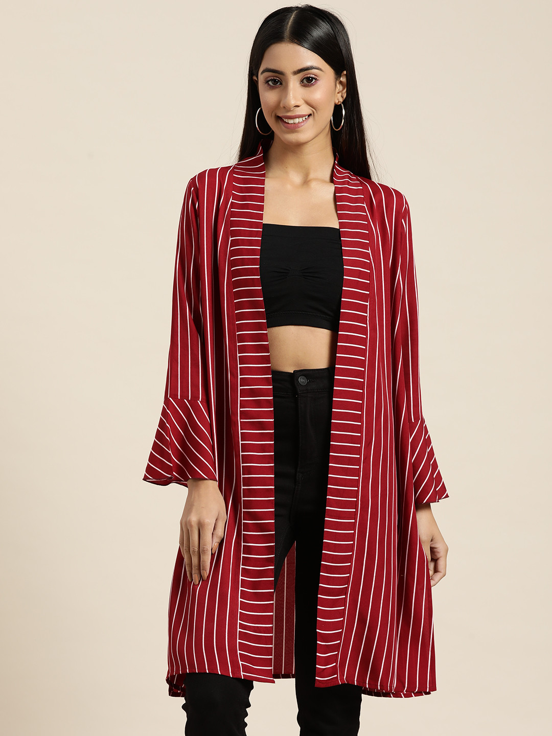 Qurvii Women Striped Bell Sleeves Longline Shrug