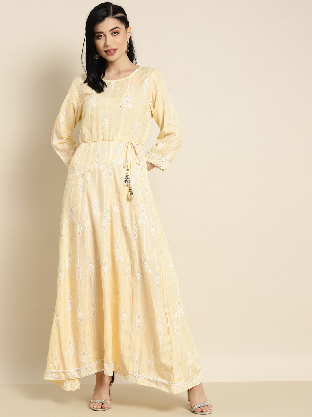 Juniper Yellow Printed Sequined Anarkali Ethnic Dress