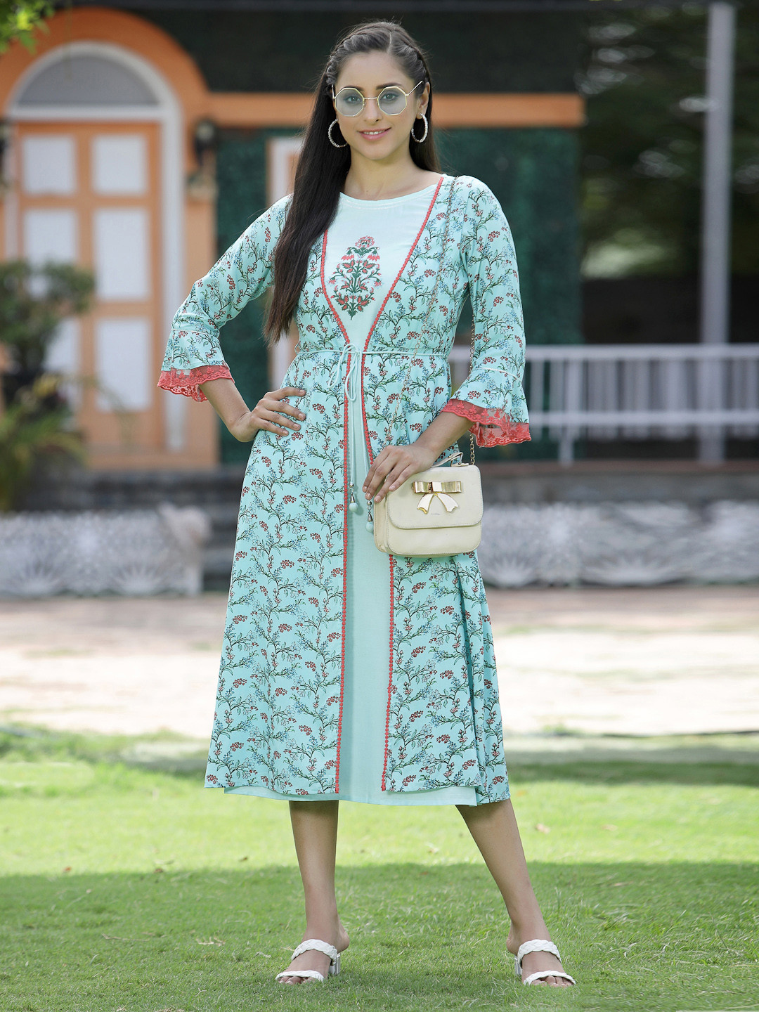 Juniper Blue Printed Embroidered Midi Ethnic Dress