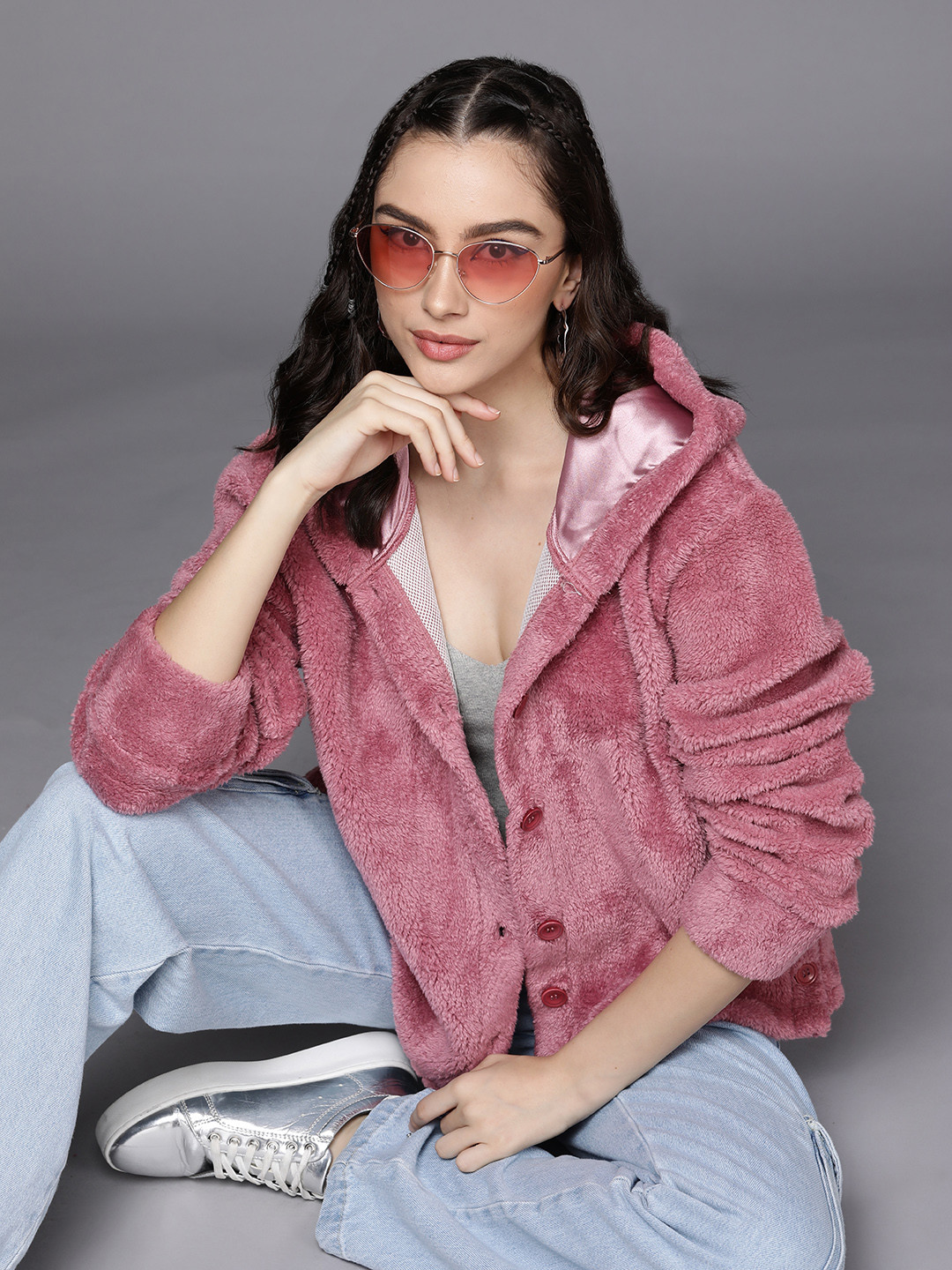 SASSAFRAS Women Pink Faux Fur Front Button Hooded Jacket