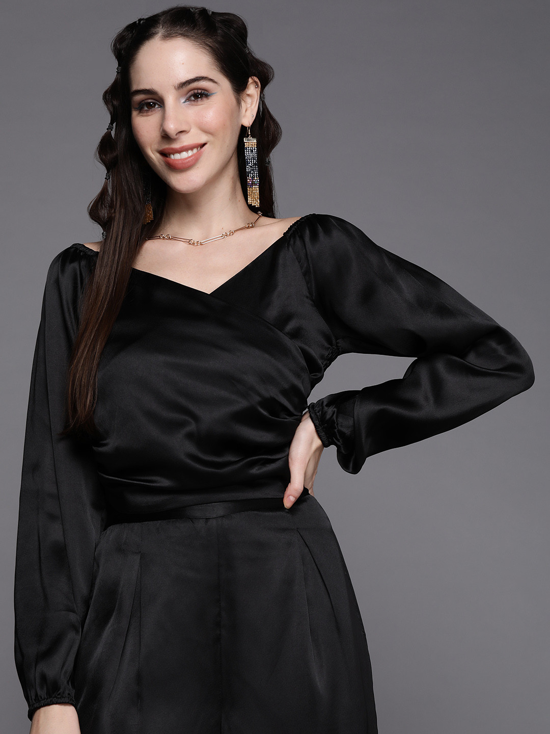 SASSAFRAS Black Solid Satin Smocked Wrap Crop Top