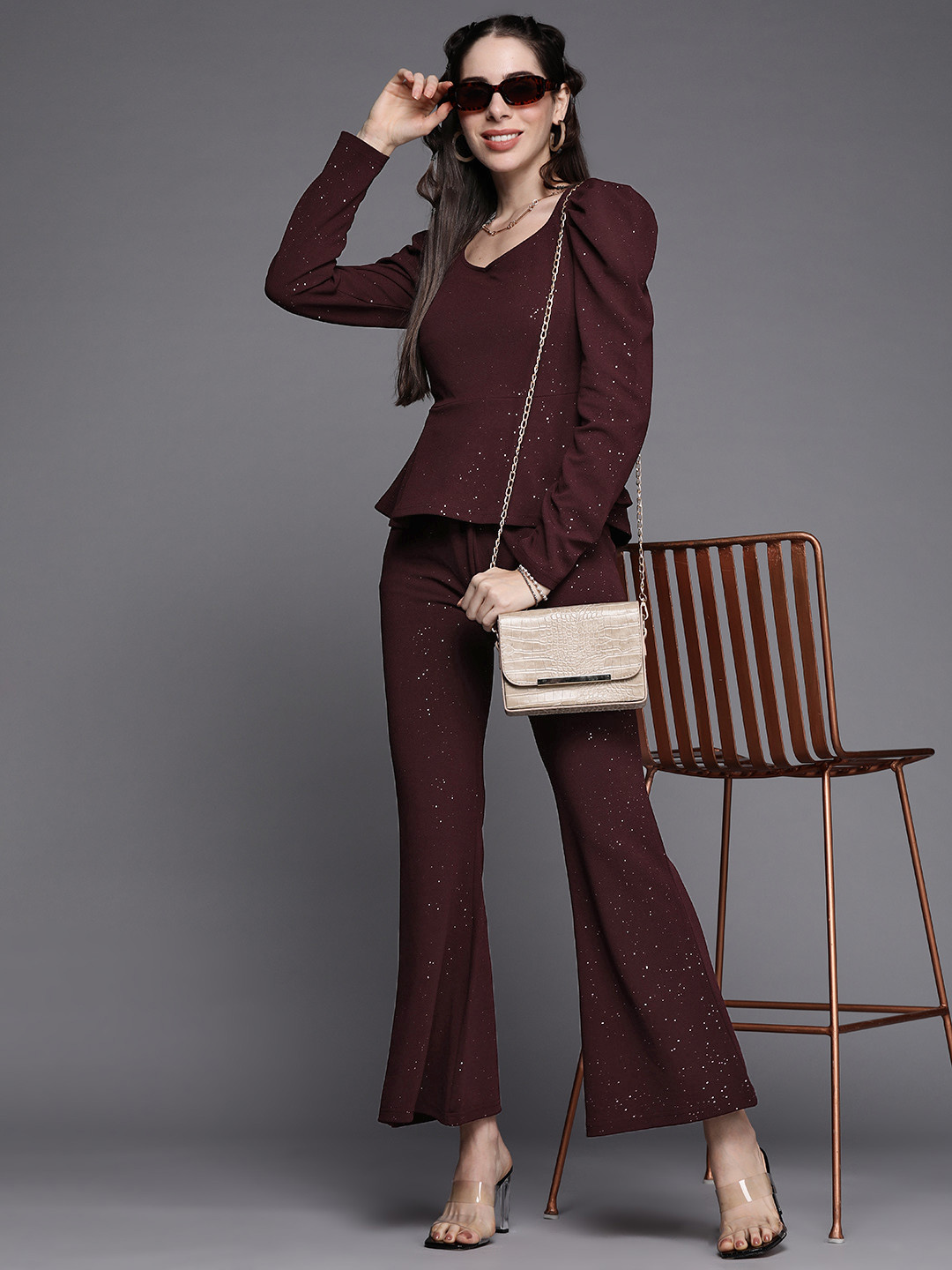 SASSAFRAS Women Burgundy Solid Slim Fit Shimmer Twisted Bootcut Trousers