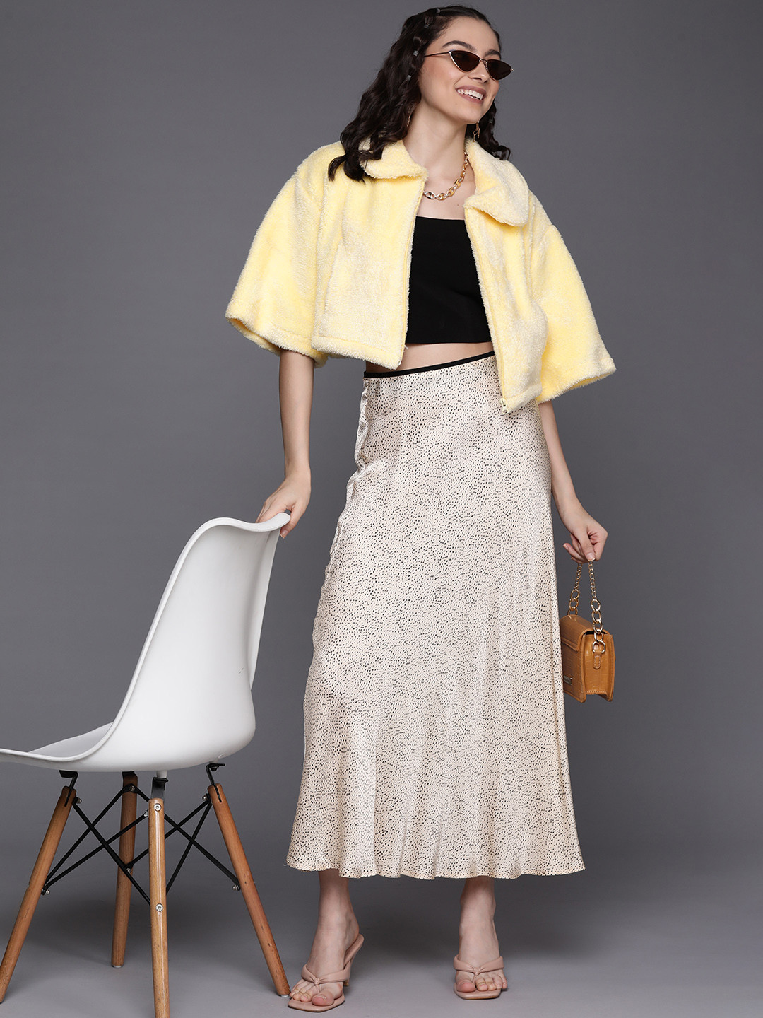 SASSAFRAS Women Yellow Crop Faux Fur Tailored Jacket