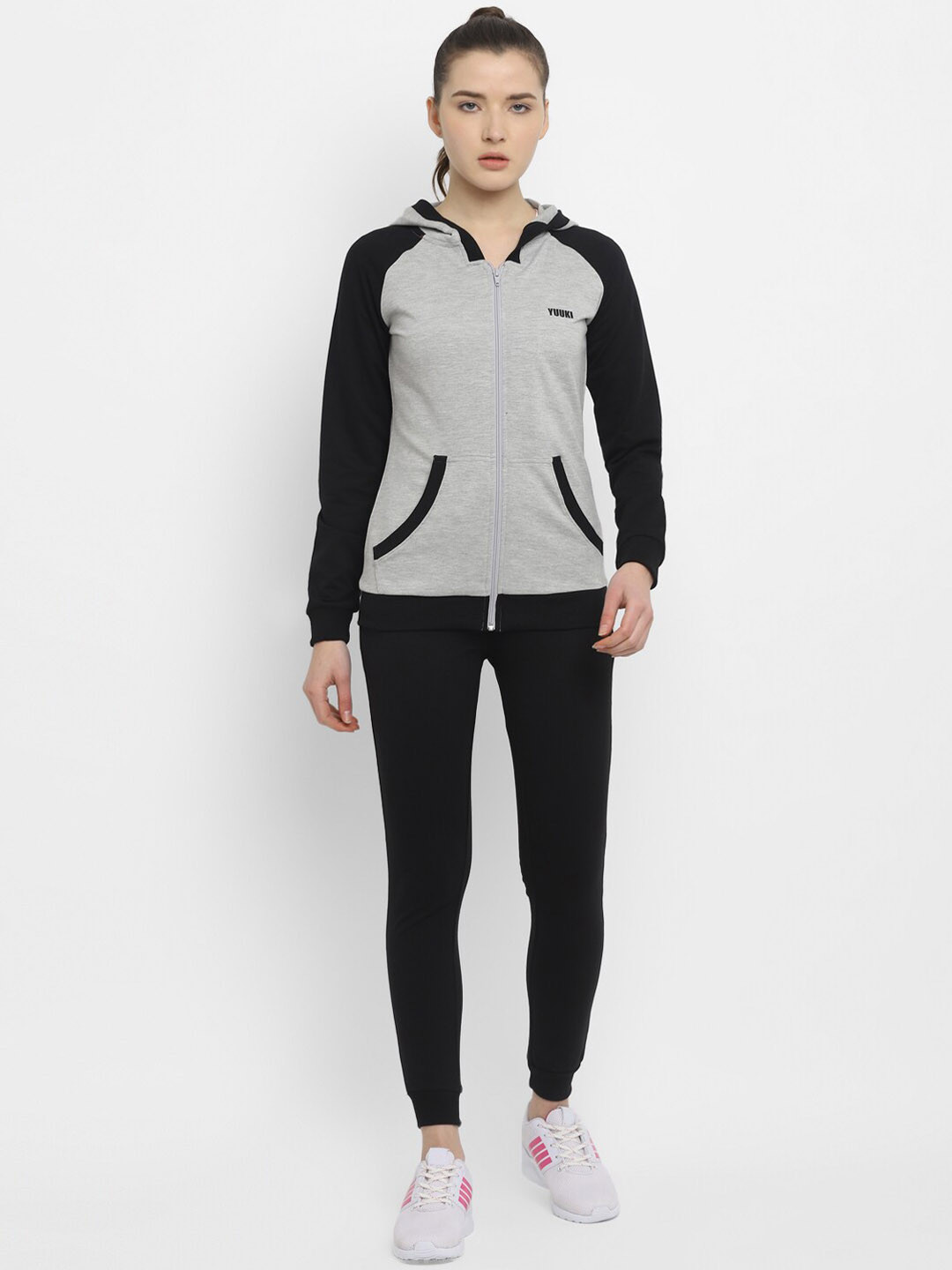 Yuuki Women Black & Grey Colourblocked Sport Essentials Mock Collar Track Suit