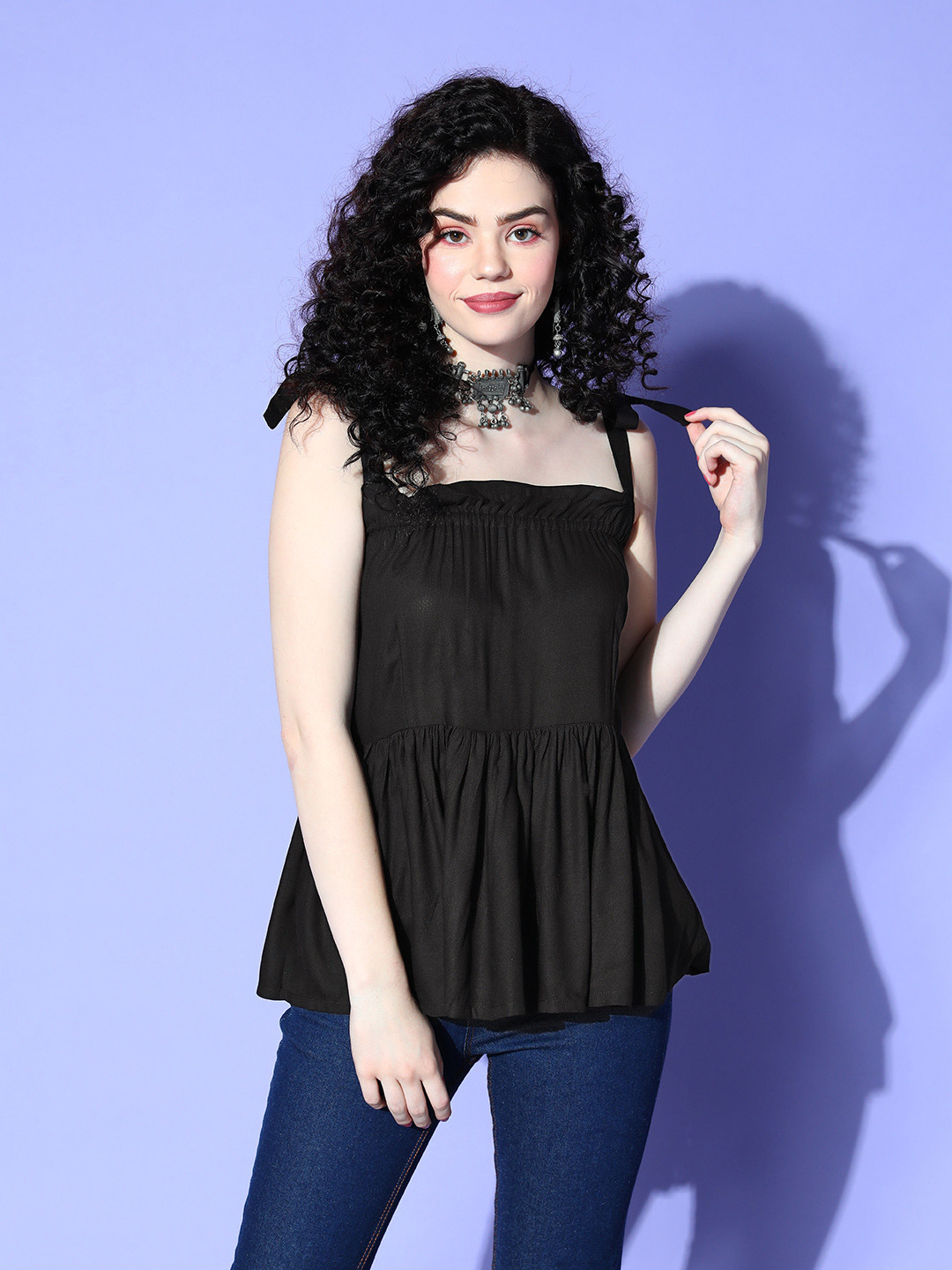 InWeave Black Solid Fluid Tie-Up Top