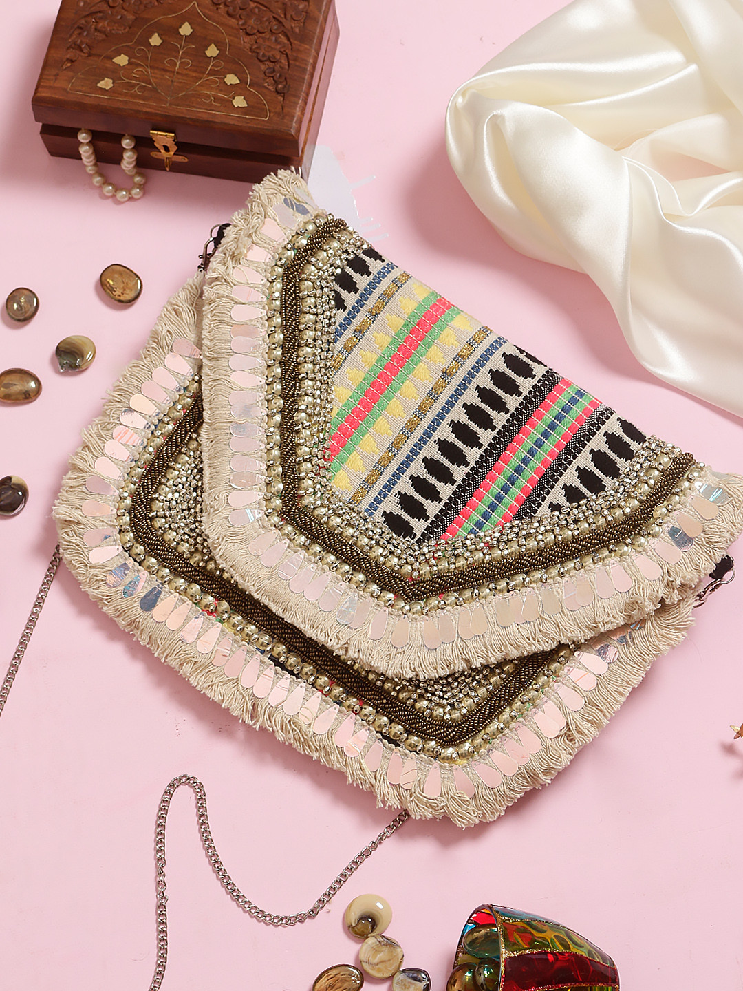 Swisni Multicoloured Embellished Envelope Clutch