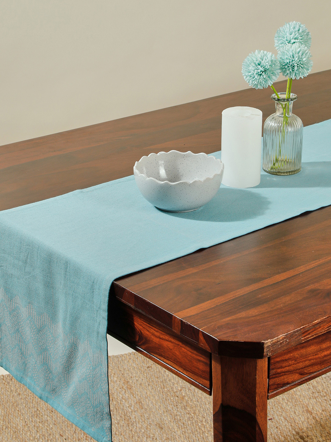 Fabindia Turquoise Blue Geometric Printed Pure Cotton 6-Seater Table Runner