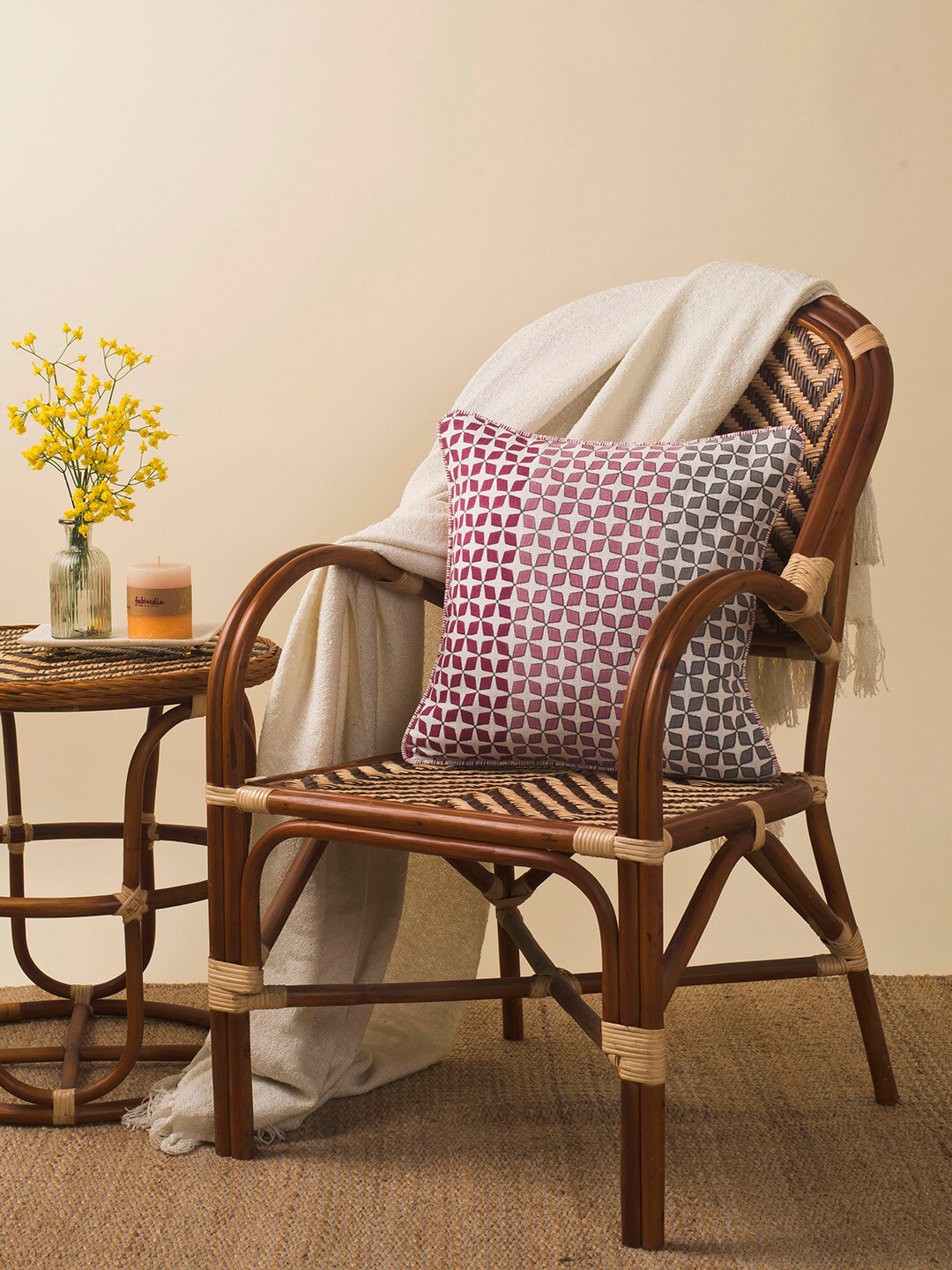 Fabindia Pink & Off White Geometric Square Cushion Covers