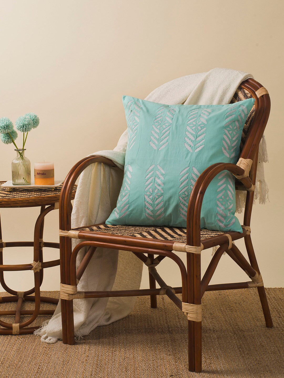 Fabindia Teal Self Design Cotton Breathable Textured Cushion Cover - 19.7 x 19.7 Inches