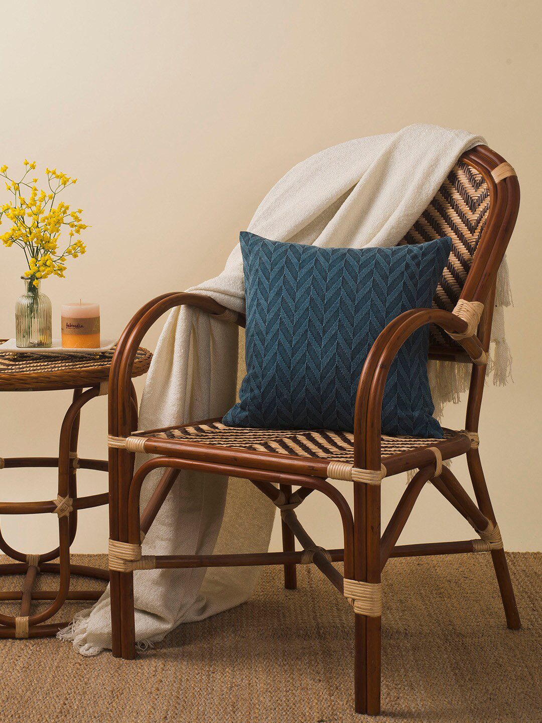 Fabindia Light-Weight Blue Geometric Cotton Textured Square Cushion Cover -16x16In