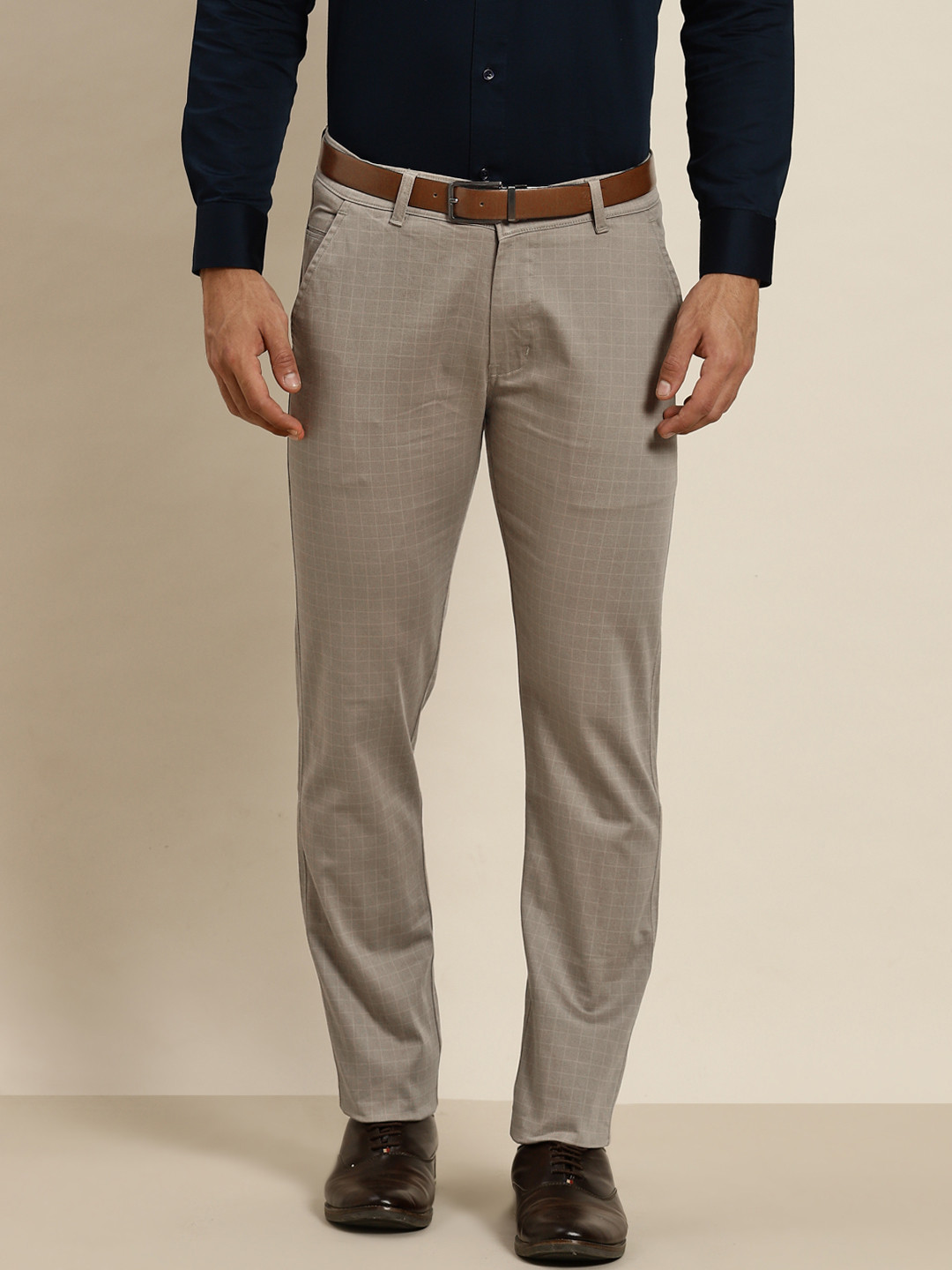 Hancock Men Taupe Checked Slim Fit Pure Cotton Formal Trousers