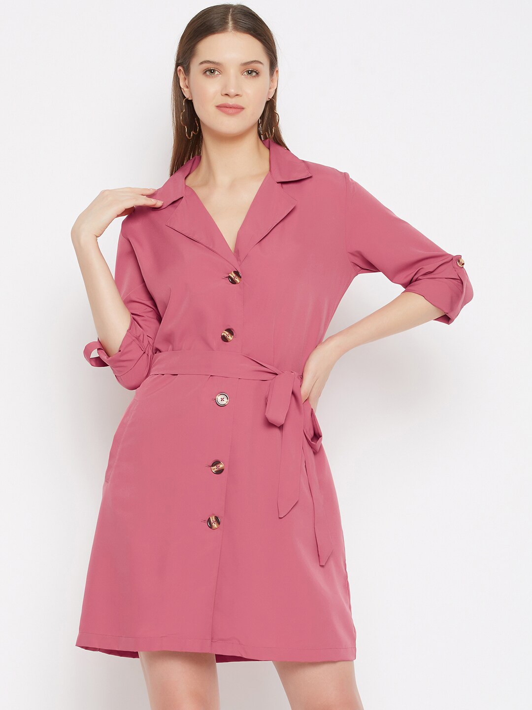 Color Cocktail Women Pink Solid Cuffed Sleeves Shirt Dress