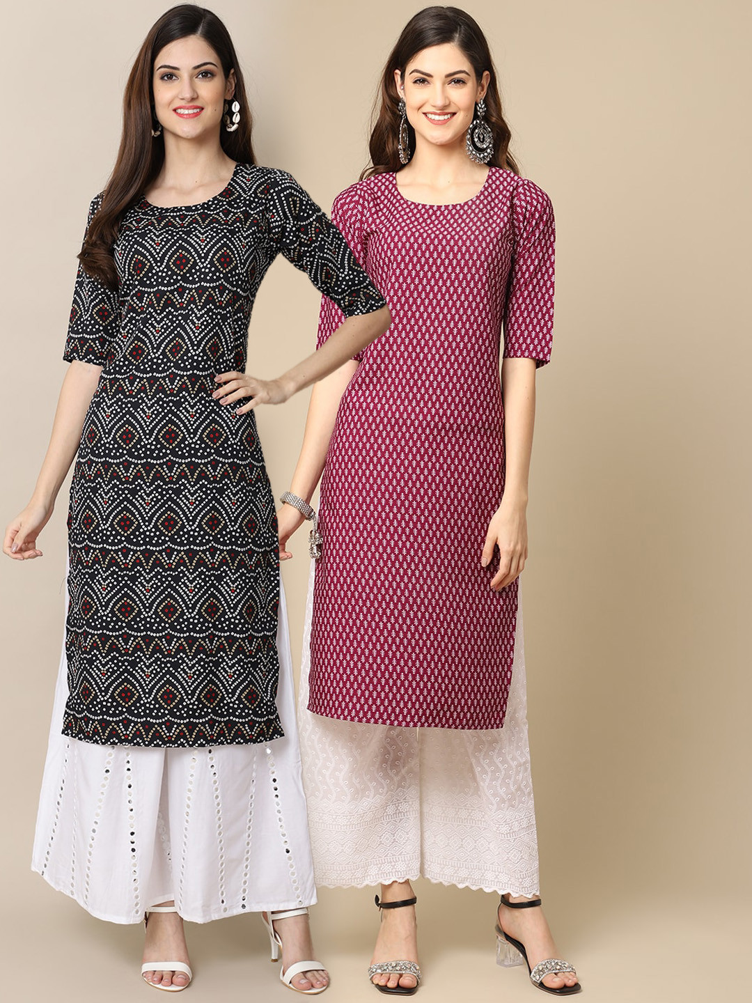 7Threads Women's Crepe Black & Maroon Color Printed Straight Handloom Kurta (PACK OF 2)