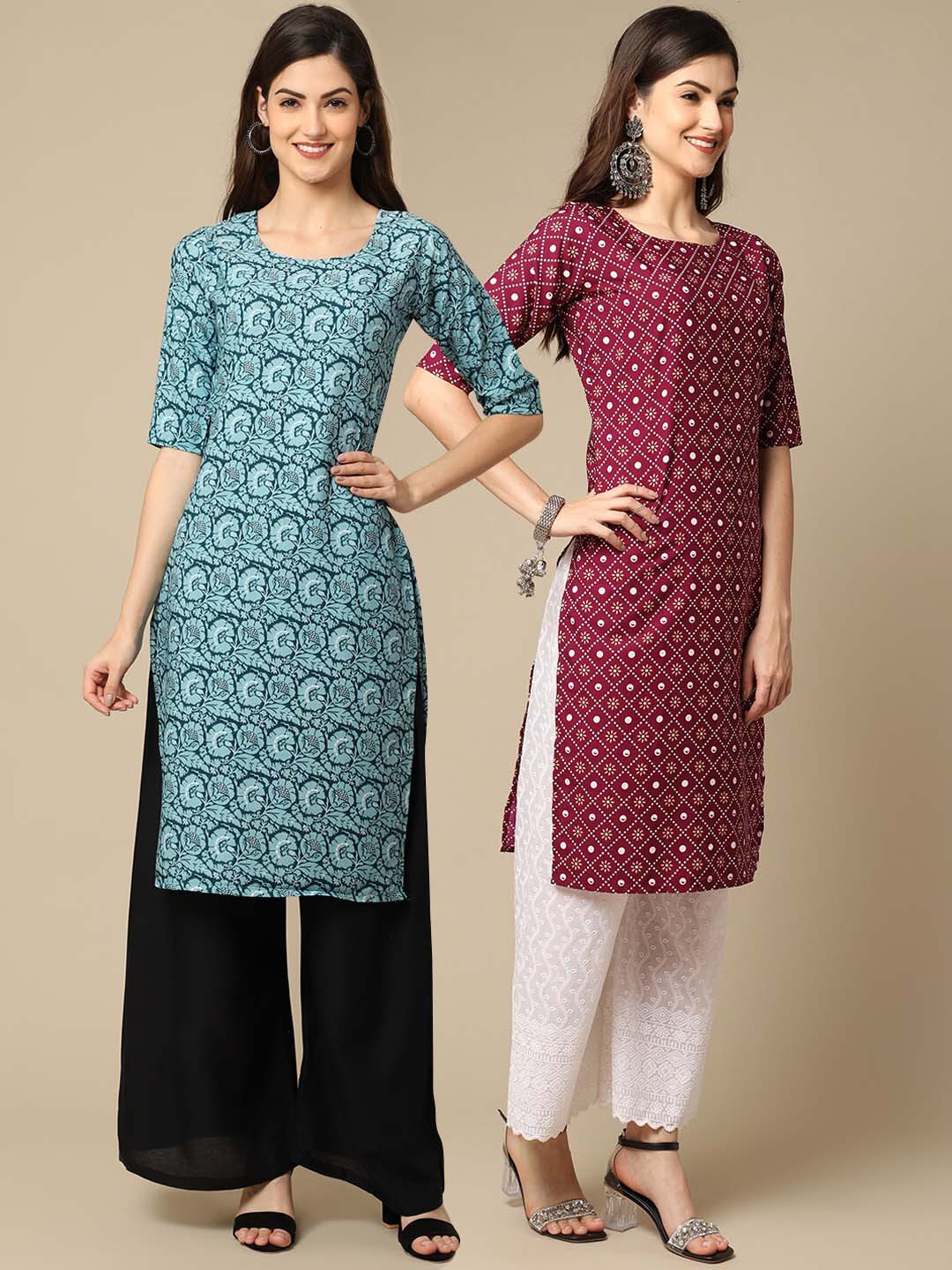 7Threads Women's Crepe Green & Maroon Color Printed Straight Handloom Kurta (PACK OF 2)