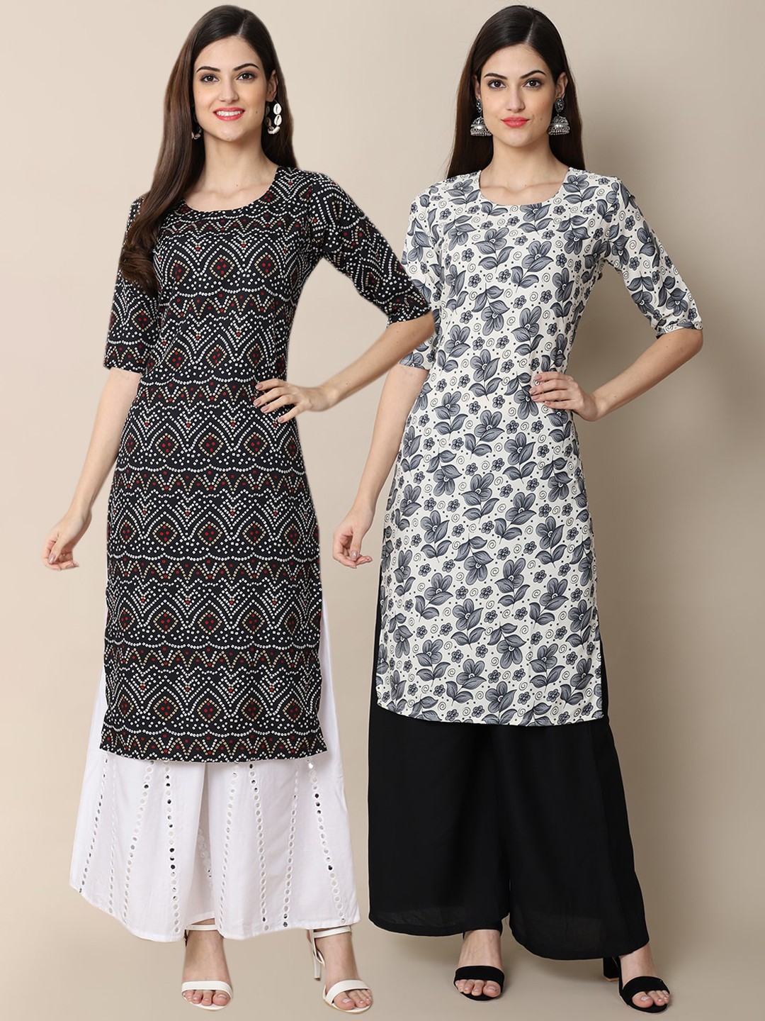 7Threads Women's Crepe Black & White Color Printed Straight Handloom Kurta (PACK OF 2)