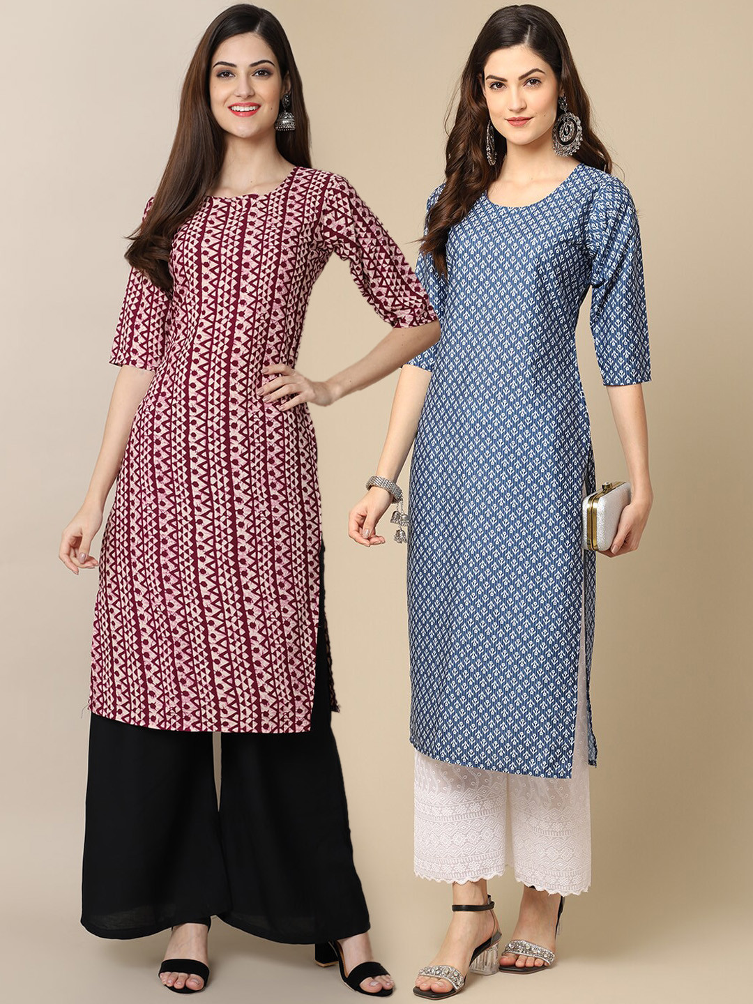 7Threads Women Maroon and Blue Geometric Printed Crepe Pack o 2 Kurta