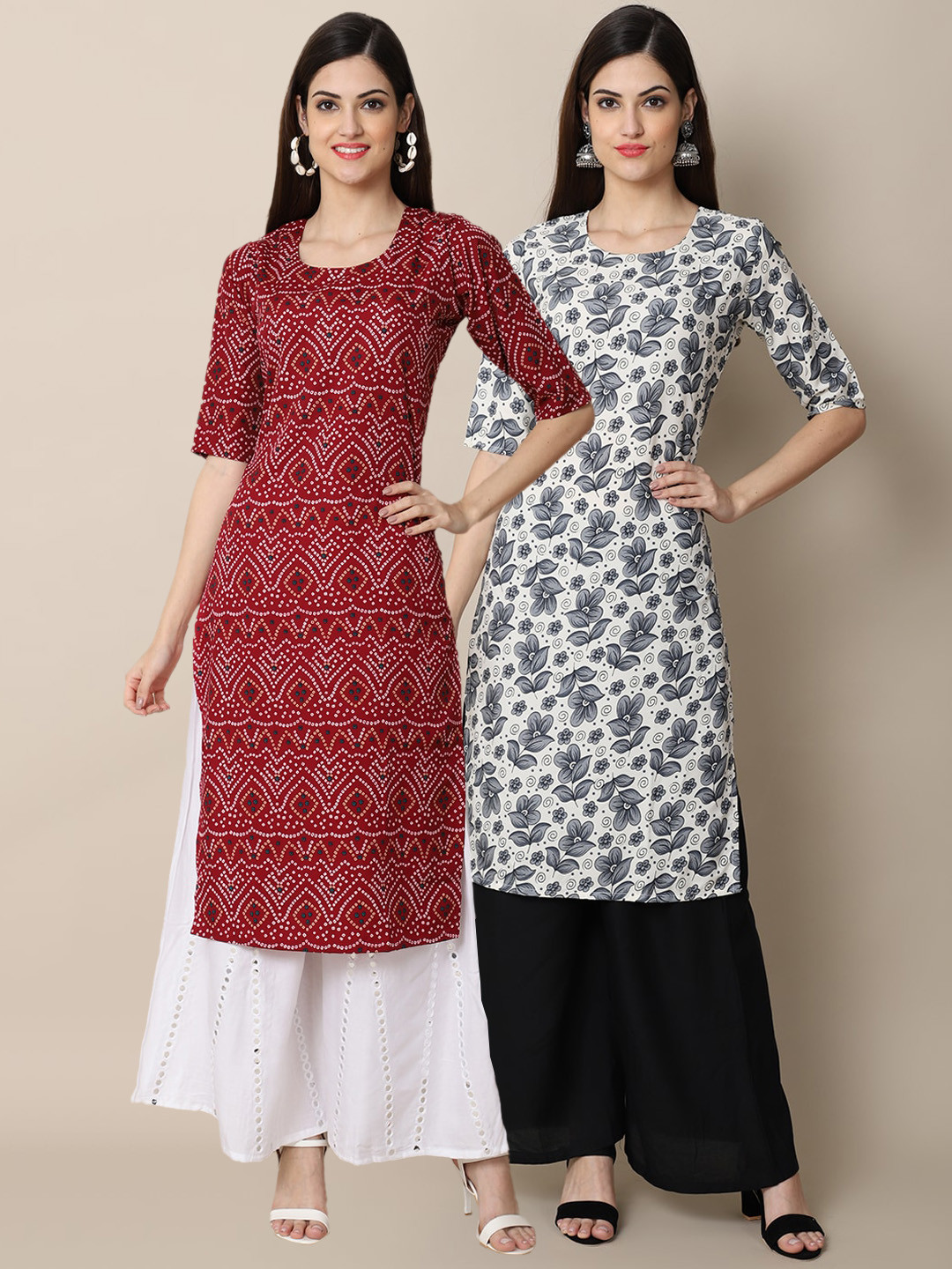 7Threads Women Pack of 2 Maroon And White Block Print Handloom Crepe Kurta