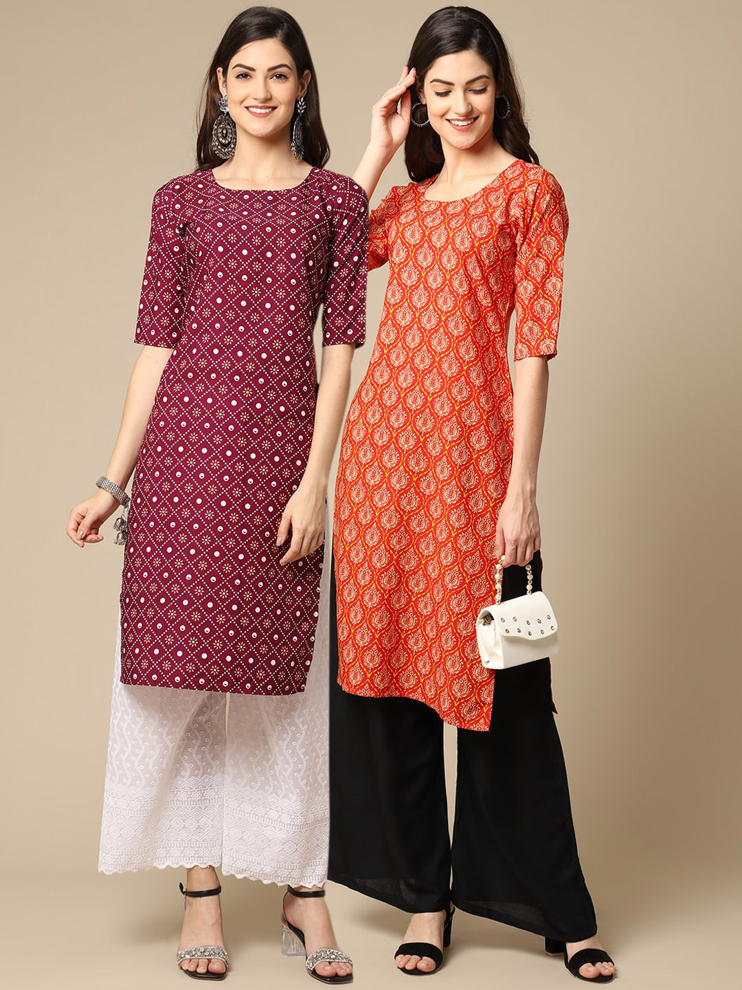 7Threads Women's Crepe Maroon & Orange Color Printed Straight Handloom Kurta (PACK OF 2)