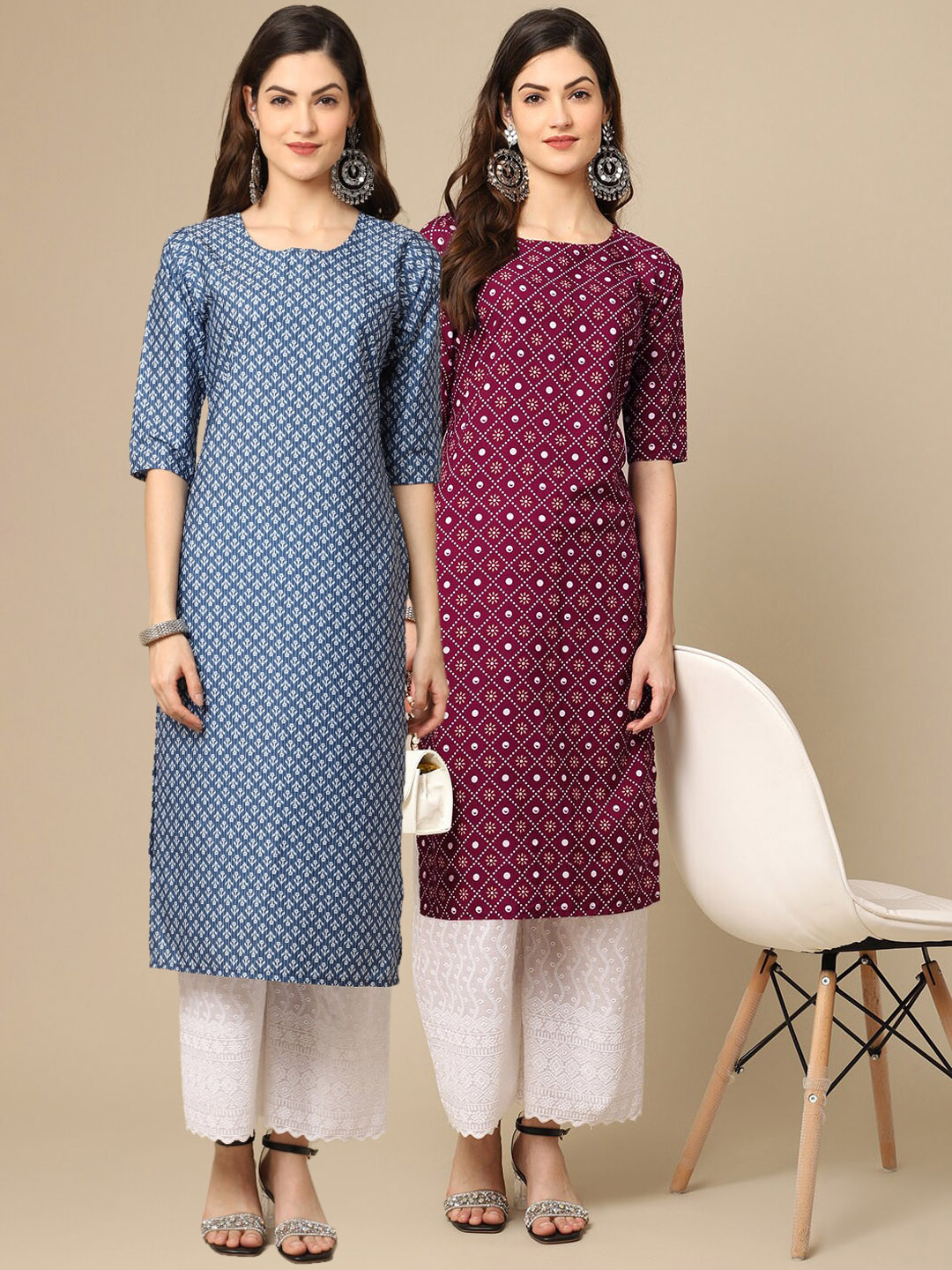 7Threads Women's Crepe Maroon & Blue Color Printed Straight Handloom Kurta (PACK OF 2)