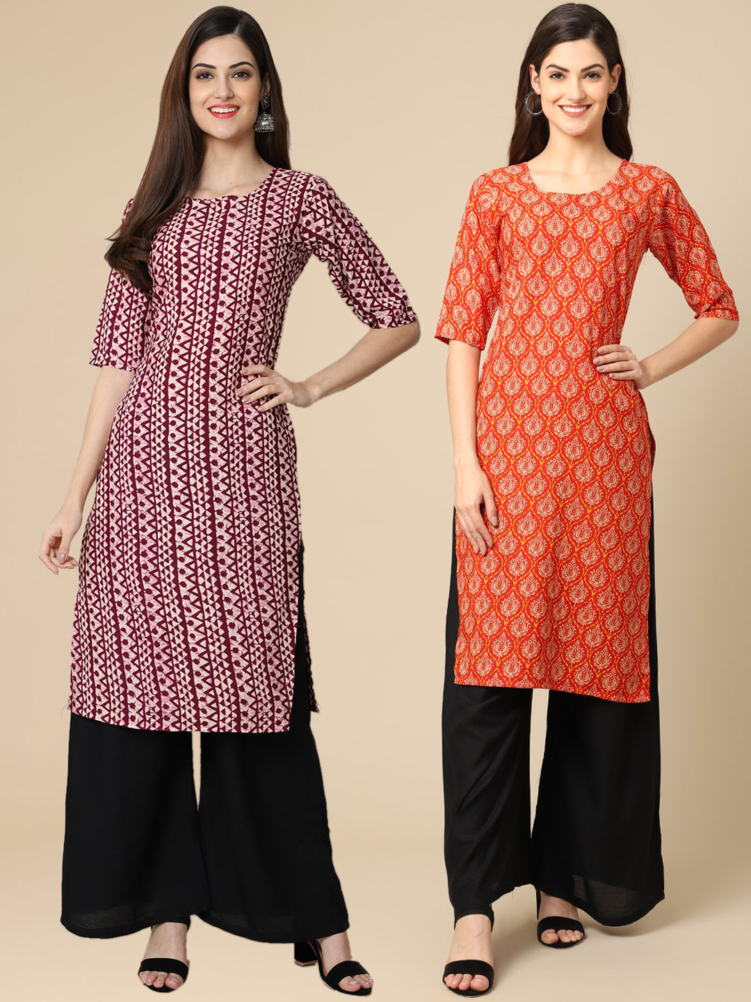 7Threads Women's Crepe Maroon & Orange Color Printed Straight Handloom Kurta (PACK OF 2)