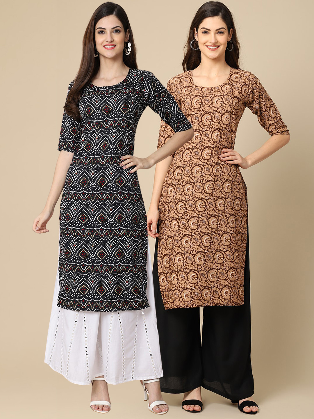 7Threads Women Pack Of 2 Black & Brown Geometric Printed Block Print Handloom Crepe Kurtas
