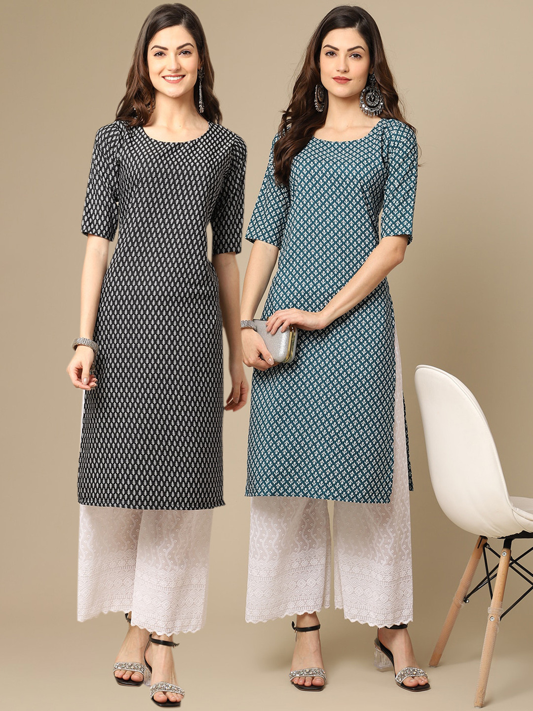 7Threads Women Pack of 2 Black and Teal Block Print Handloom Crepe Kurta